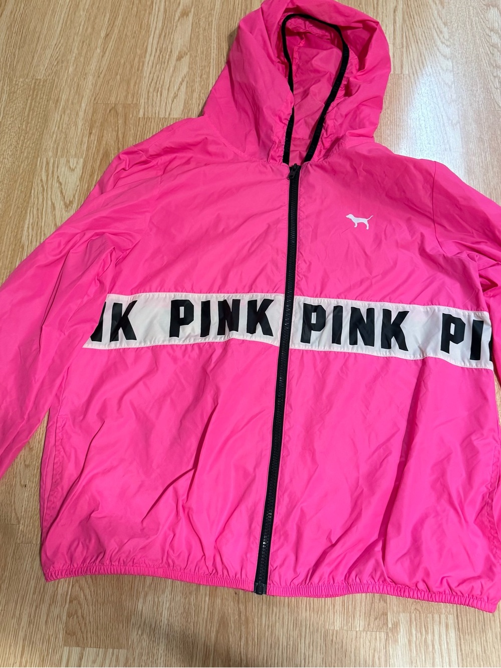 PINK Victoria's Secret Bright Pink Hooded Rain Jacket with Logo Band